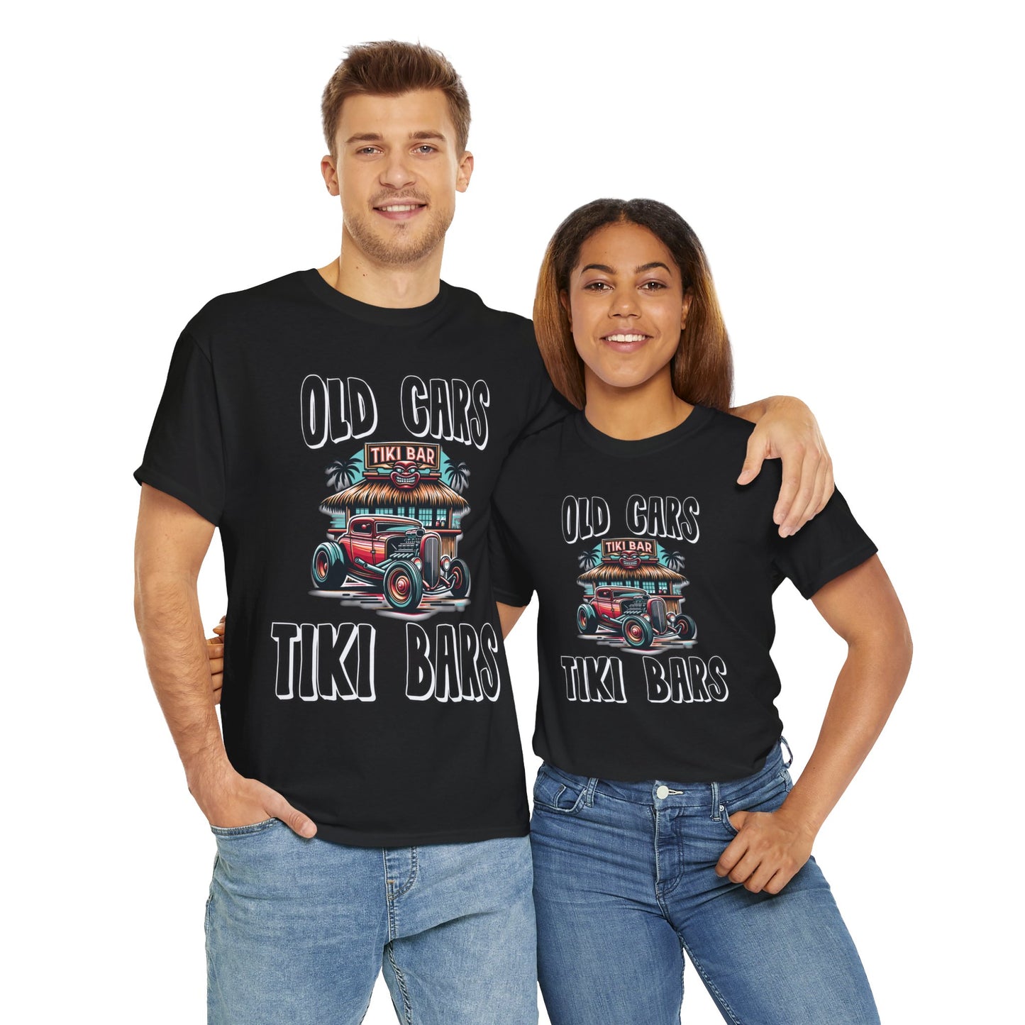 OLD CARS AND TIKI BARS ON FRONT  Unisex Heavy Cotton Tee