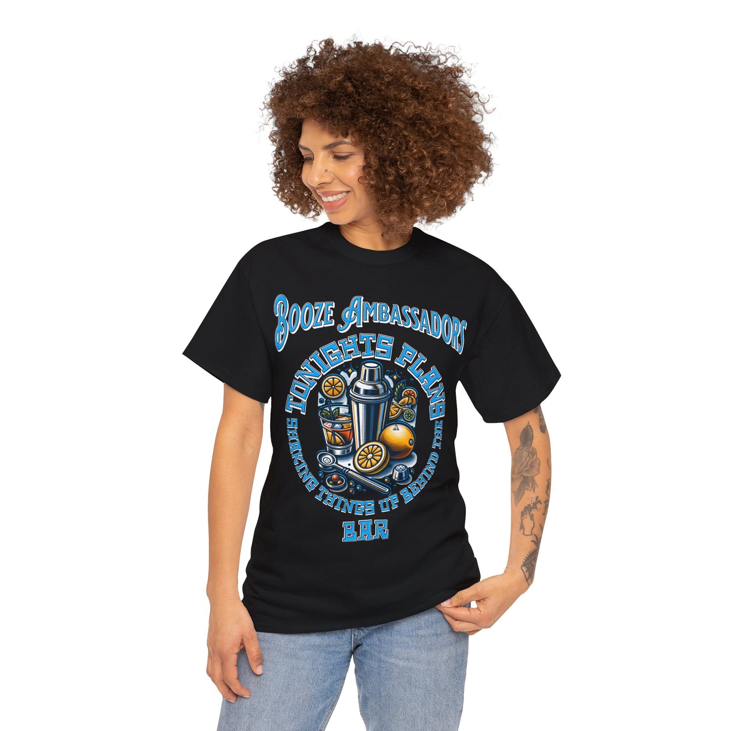 BOOZE  SHAKING THINGS UP ON FRONT  Unisex Heavy Cotton Tee