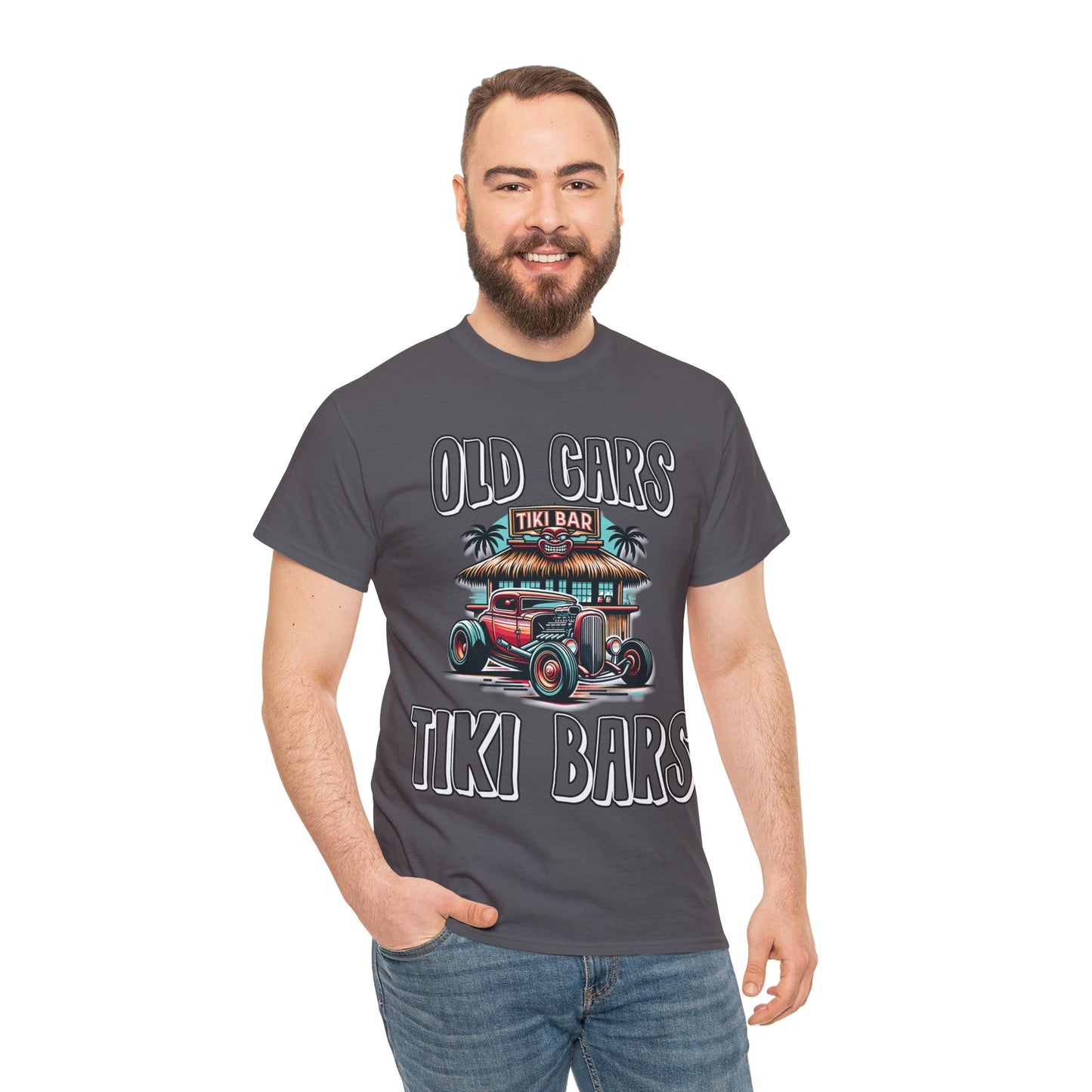 OLD CARS AND TIKI BARS ON FRONT  Unisex Heavy Cotton Tee
