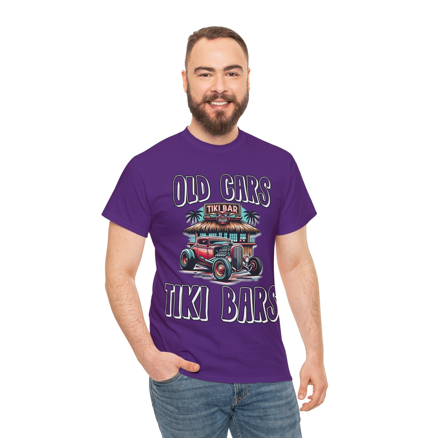 OLD CARS AND TIKI BARS ON FRONT  Unisex Heavy Cotton Tee