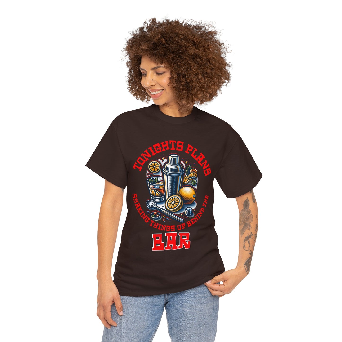 BARTENDER SHAKING THINGS UP ON FRONT  Unisex Heavy Cotton Tee