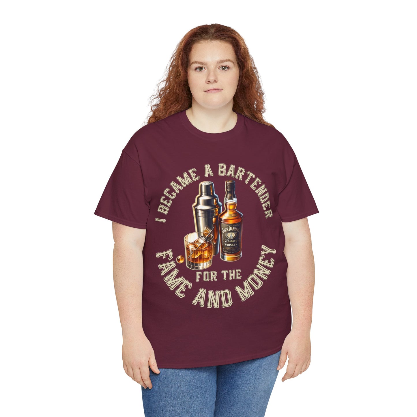BARTENDER FAME AND MONEY ON FRONT  Unisex Heavy Cotton Tee