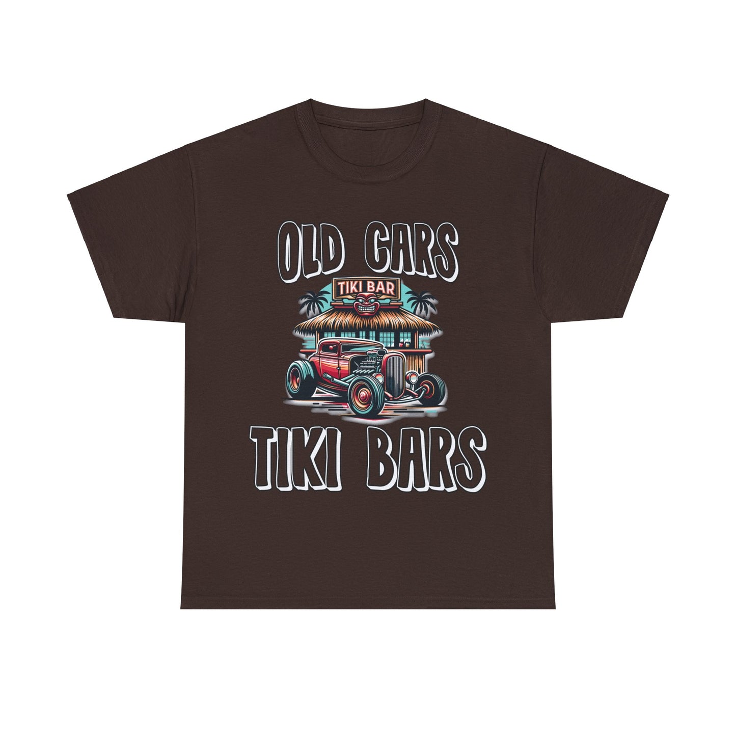OLD CARS AND TIKI BARS ON FRONT  Unisex Heavy Cotton Tee
