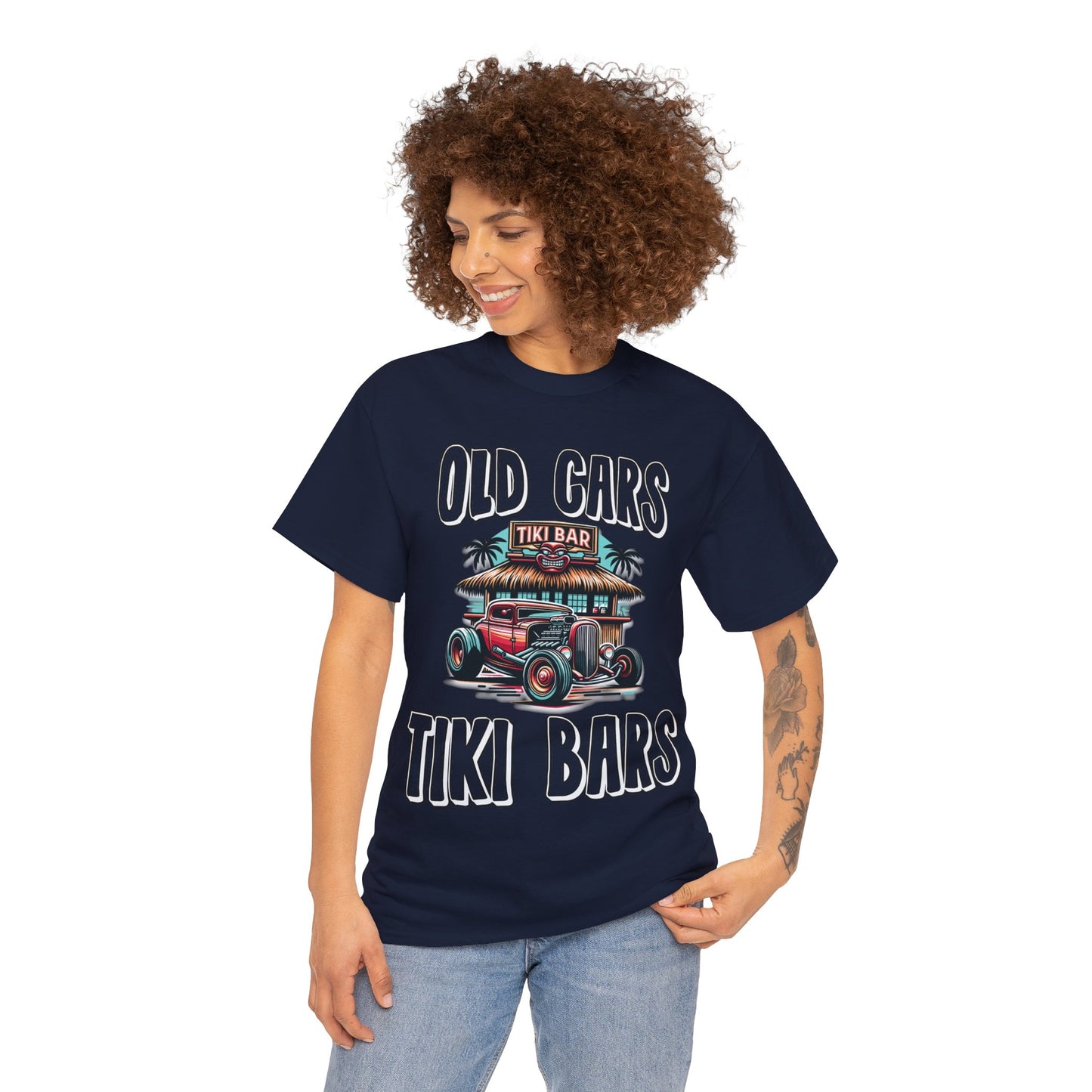 OLD CARS AND TIKI BARS ON FRONT  Unisex Heavy Cotton Tee