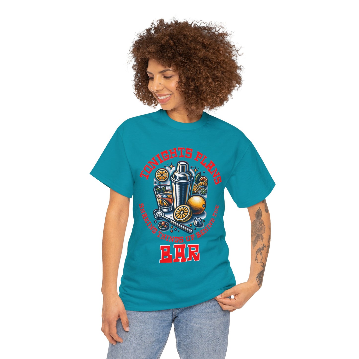 BARTENDER SHAKING THINGS UP ON FRONT  Unisex Heavy Cotton Tee
